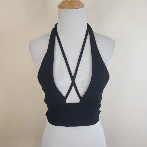 URBAN OUTFITTERS Valeria Halter Crop Top Size Small Black Shirt Strappy - Picture 7 of 12